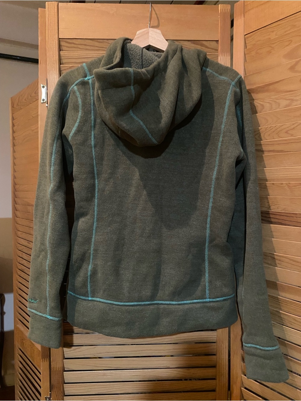 Olive Green Zip-Up Hooded Fleece Jacket with Teal Stitching